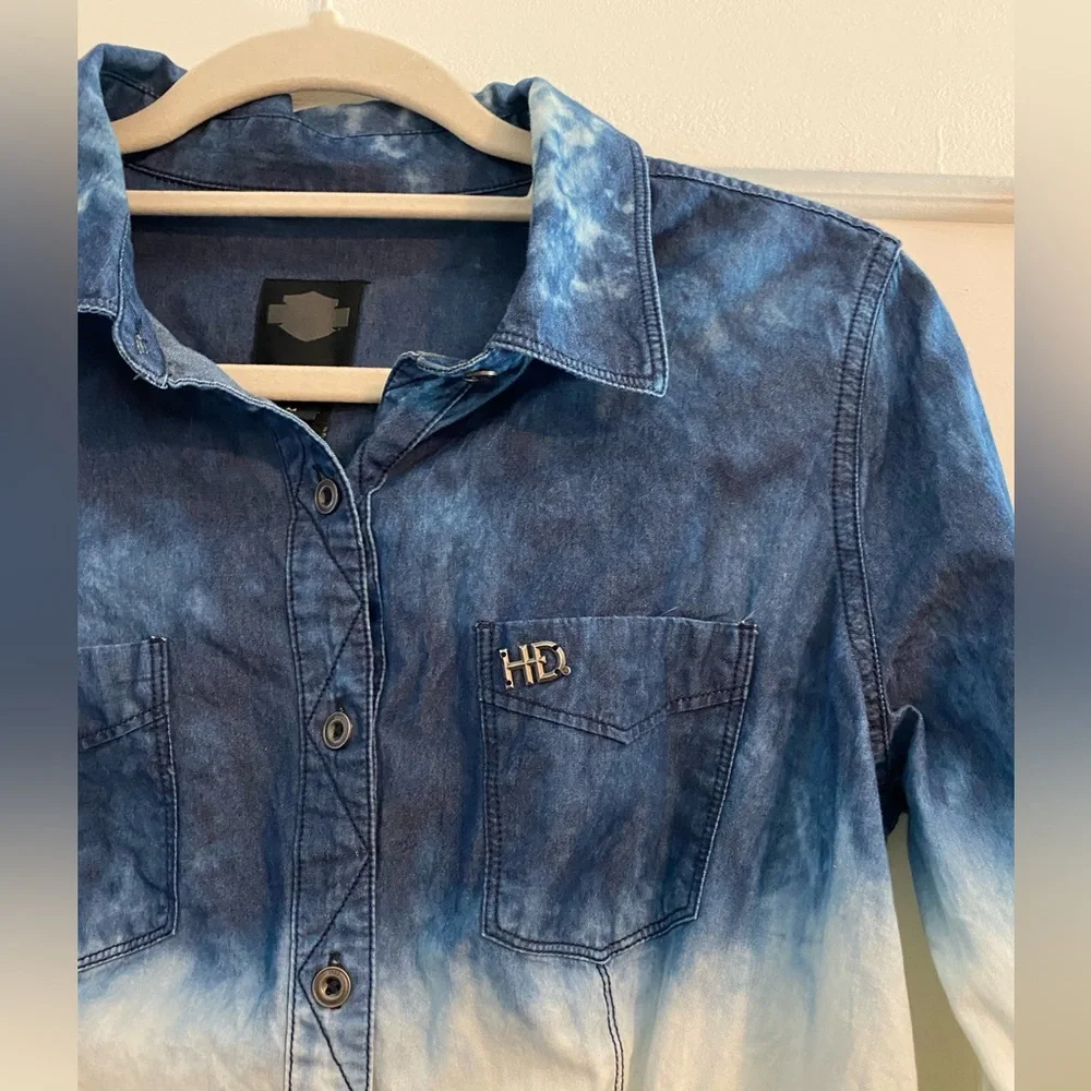 Harley Davidson Women's Indigo White Dip-Dye Button Up Shirt